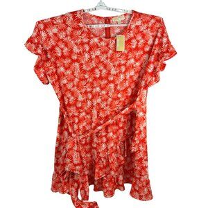 Michael Michael Kors Womens Wrap Dress 3X Red Floral Stretch Ruffle Tie Waist